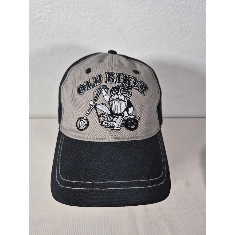 Old Biker Motorcycle Chopper Graphic Baseball Cap Hat Black Grey Two Tone